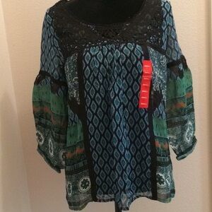 BILA Boho scoop neck gauzy top Blue green black print Crochet trim bohemian